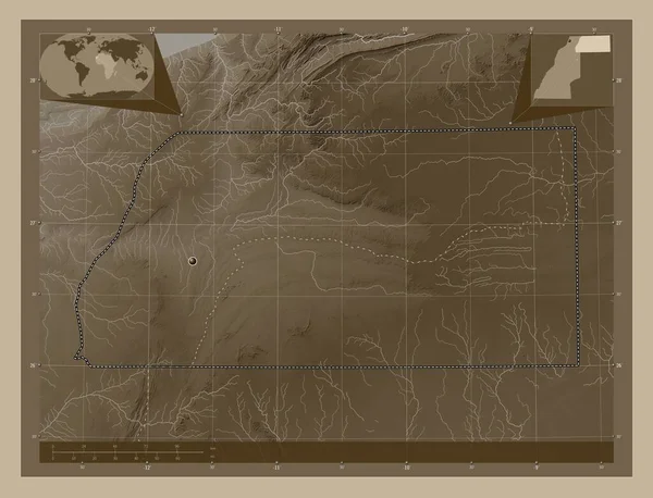 Semara Batı Sahra Ili Yükseklik Haritası Sepya Tonlarında Göller Nehirlerle — Stok fotoğraf