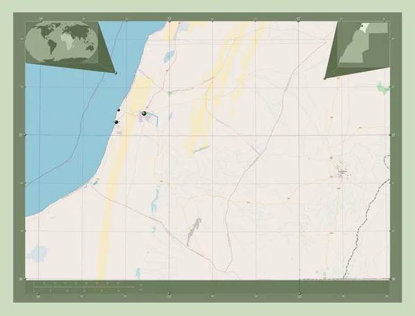 阿尤恩 萨基亚阿姆拉 西撒哈拉省 开放街道地图 该区域主要城市的所在地点 角辅助位置图 — 图库照片