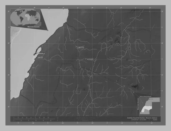 Dakhla Oued Dahab 西撒哈拉省 带有湖泊和河流的灰度高程图 该区域主要城市的地点和名称 角辅助位置图 — 图库照片