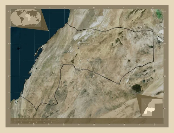 西サハラの州のDakla Oeued Dahab 高解像度衛星地図 地域の主要都市の場所 コーナー補助位置図 — ストック写真
