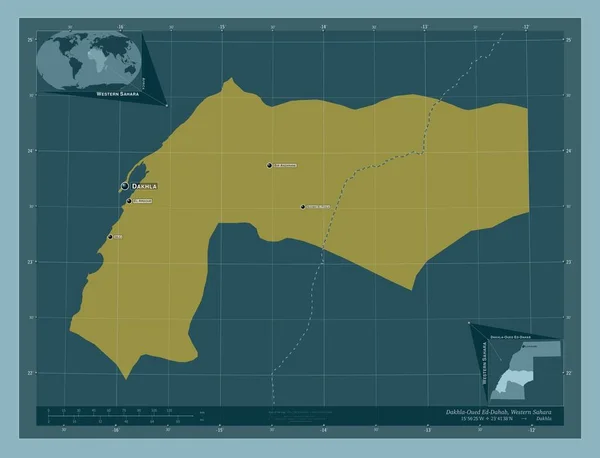 Dakhla Oued Dahab 西撒哈拉省 固体的颜色形状 该区域主要城市的地点和名称 角辅助位置图 — 图库照片
