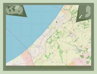 Gazze Şeridi, Filistin bölgesi. Açık Sokak Haritası. Köşedeki yedek konum haritaları