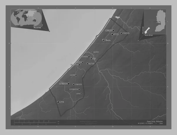 Striscia Gaza Regione Palestina Mappa Elevazione Scala Grigi Con Laghi — Foto Stock