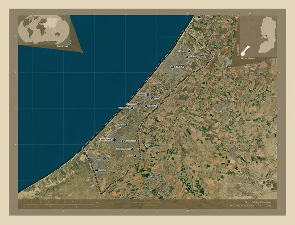 ガザ地帯 パレスチナの地域 高解像度衛星地図 地域の主要都市の位置と名前 コーナー補助位置図 — ストック写真