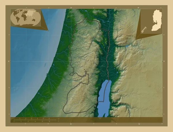 Західний Берег Палестина Кольорові Карти Висот Озерами Річками Кутові Допоміжні — стокове фото