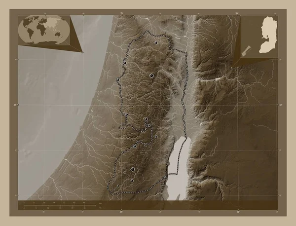Cisjordania Región Palestina Mapa Elevación Coloreado Tonos Sepia Con Lagos —  Fotos de Stock