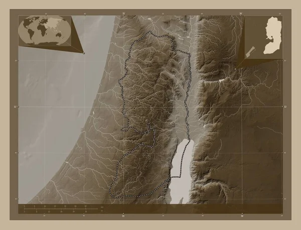 Länsiranta Palestiinan Alue Korkeussijainti Kartta Värillinen Sepiaa Sävyjä Järviä Jokia — kuvapankkivalokuva
