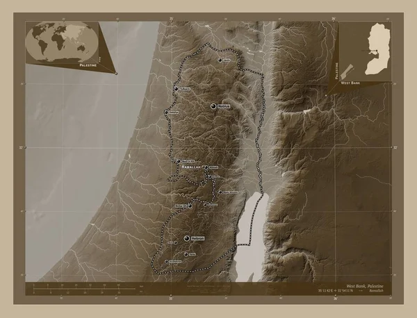 巴勒斯坦地区 高程图 用深紫色调涂上湖泊和河流 该区域主要城市的地点和名称 角辅助位置图 — 图库照片
