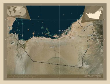 Abu Dabi, Birleşik Arap Emirlikleri Emirliği. Yüksek çözünürlüklü uydu. Bölgenin büyük şehirlerinin yerleri ve isimleri. Köşedeki yedek konum haritaları