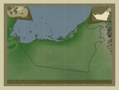 Abu Dabi, Birleşik Arap Emirlikleri Emirliği. Yükseklik haritası göller ve nehirlerle wiki tarzında renklendirilmiş. Bölgenin büyük şehirlerinin yerleri. Köşedeki yedek konum haritaları