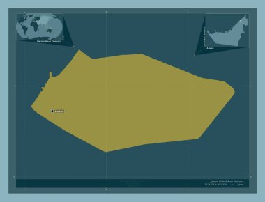 Ajman, Birleşik Arap Emirlikleri 'nden. Katı renk şekli. Bölgenin büyük şehirlerinin yerleri ve isimleri. Köşedeki yedek konum haritaları