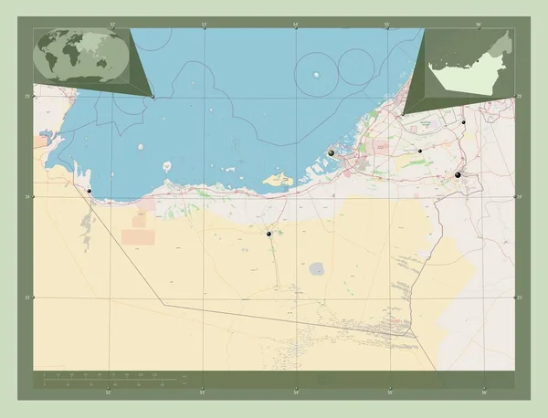 阿拉伯联合酋长国的酋长国 阿布扎比 开放街道地图 该区域主要城市的所在地点 角辅助位置图 — 图库照片