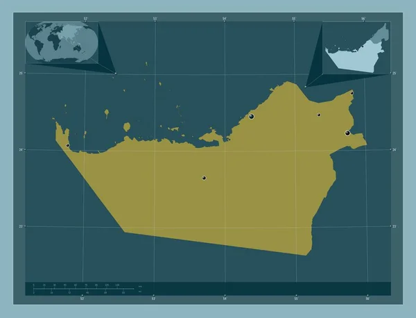 アブダビ アラブ首長国連邦の首長国 しっかりした色の形 地域の主要都市の場所 コーナー補助位置図 — ストック写真