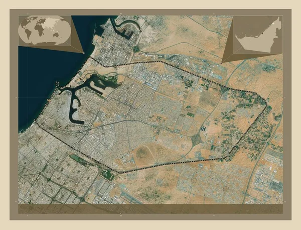 Ajman 阿拉伯联合酋长国酋长国 高分辨率卫星地图 角辅助位置图 — 图库照片