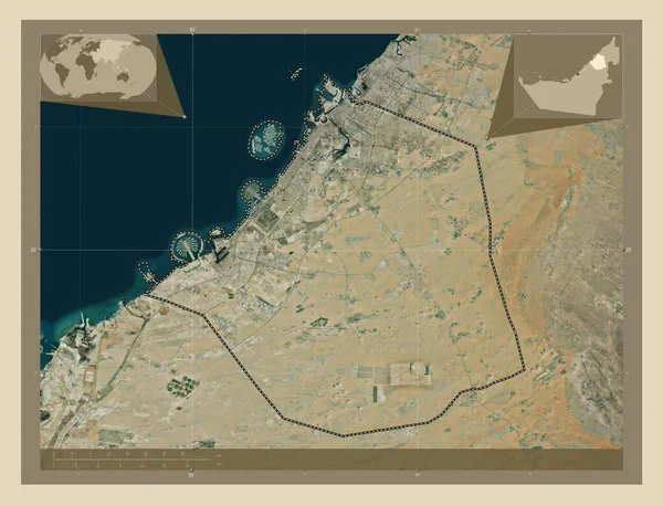 アラブ首長国連邦の首長国 高解像度衛星地図 地域の主要都市の場所 コーナー補助位置図 — ストック写真
