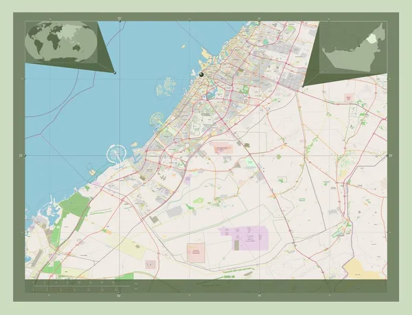 アラブ首長国連邦の首長国 ストリートマップを開く 地域の主要都市の場所 コーナー補助位置図 — ストック写真