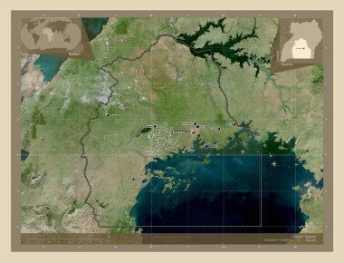 Merkez, Uganda bölgesi. Yüksek çözünürlüklü uydu. Bölgenin büyük şehirlerinin yerleri ve isimleri. Köşedeki yedek konum haritaları