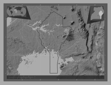 Doğu, Uganda bölgesi. Göllü ve nehirli çift katlı yükseklik haritası. Bölgenin büyük şehirlerinin yerleri. Köşedeki yedek konum haritaları