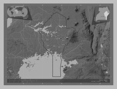 Doğu, Uganda bölgesi. Gölleri ve nehirleri olan gri tonlama yükseklik haritası. Bölgenin büyük şehirlerinin yerleri ve isimleri. Köşedeki yedek konum haritaları