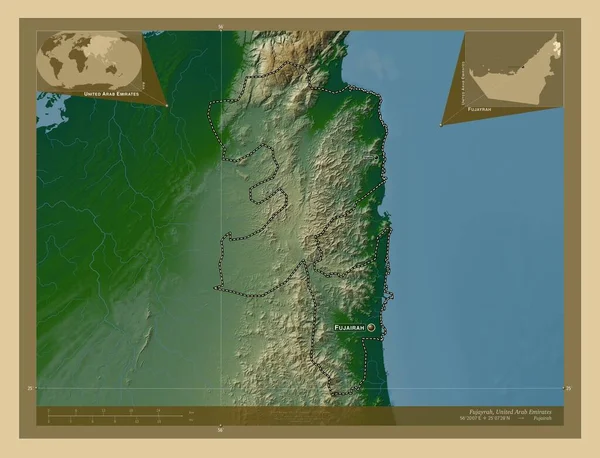 Fujayrah 阿拉伯联合酋长国酋长国 有湖泊和河流的彩色高程图 该区域主要城市的地点和名称 角辅助位置图 — 图库照片