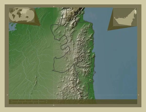 フジラー アラブ首長国連邦の首長国 湖や川とWikiスタイルで着色された標高マップ コーナー補助位置図 — ストック写真