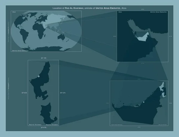 Ras Khaymah 阿拉伯联合酋长国酋长国 在大比例尺地图上显示该区域位置的图表 坚实背景下矢量框架和Png形状的组成 — 图库照片