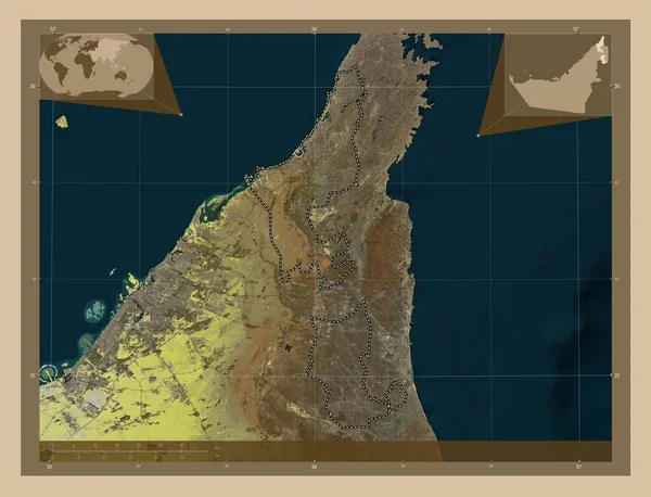 Ras Khaymah 阿拉伯联合酋长国酋长国 低分辨率卫星地图 该区域主要城市的所在地点 角辅助位置图 — 图库照片
