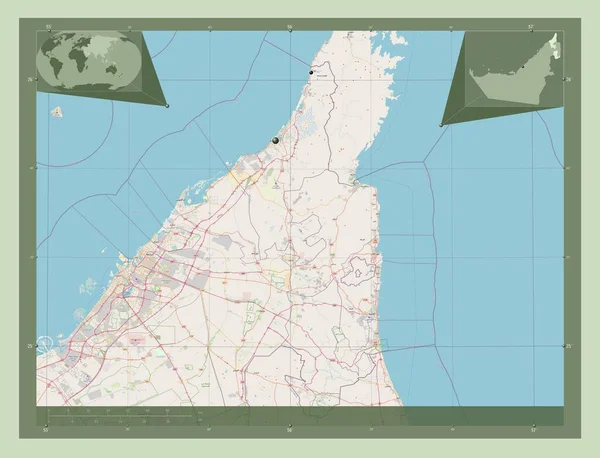 Ras Khaymah 阿拉伯联合酋长国酋长国 开放街道地图 该区域主要城市的所在地点 角辅助位置图 — 图库照片