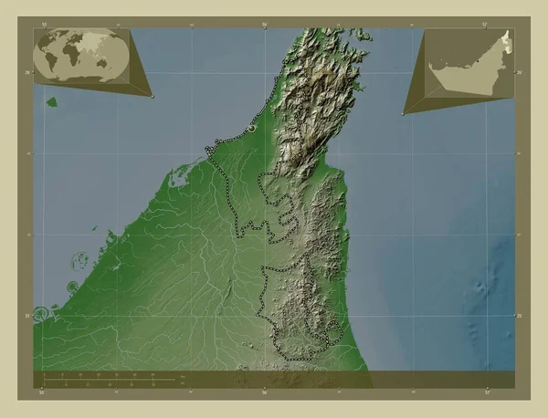 Ras Khaymah 阿拉伯联合酋长国酋长国 用Wiki风格绘制的带有湖泊和河流的高程地图 该区域主要城市的所在地点 角辅助位置图 — 图库照片