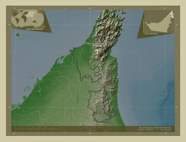 Ras Khaymah 阿拉伯联合酋长国酋长国 用Wiki风格绘制的带有湖泊和河流的高程地图 该区域主要城市的地点和名称 角辅助位置图 — 图库照片