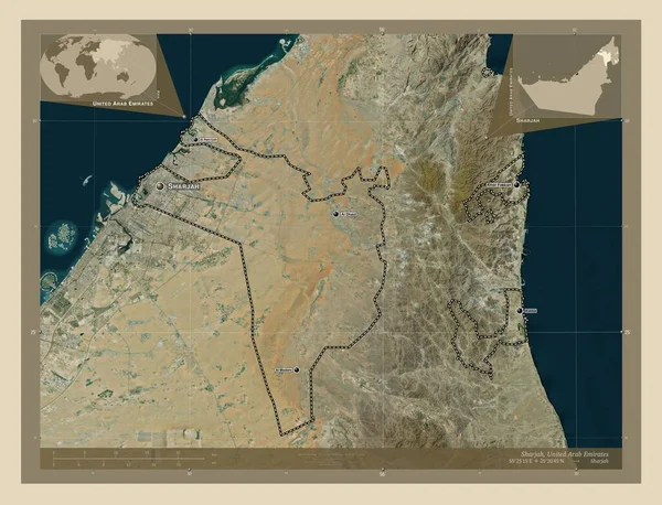 シャルジャ アラブ首長国連邦の首長国 高解像度衛星地図 地域の主要都市の位置と名前 コーナー補助位置図 — ストック写真