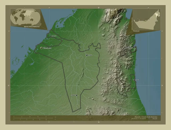 阿拉伯联合酋长国的酋长国 用Wiki风格绘制的带有湖泊和河流的高程地图 该区域主要城市的地点和名称 角辅助位置图 — 图库照片