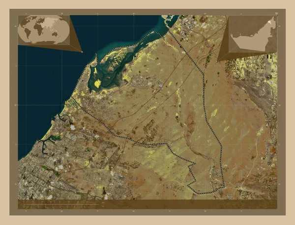 アラブ首長国連邦の首長国 カイワン 低解像度衛星地図 地域の主要都市の場所 コーナー補助位置図 — ストック写真