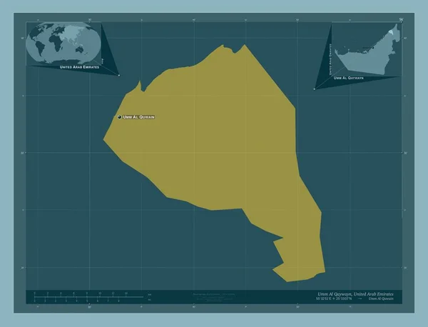 アラブ首長国連邦の首長国 カイワン しっかりした色の形 地域の主要都市の位置と名前 コーナー補助位置図 — ストック写真