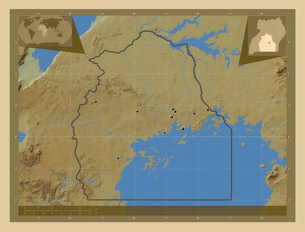 Centralny Region Ugandy Kolorowa Mapa Wzniesień Jeziorami Rzekami Lokalizacje Dużych — Zdjęcie stockowe