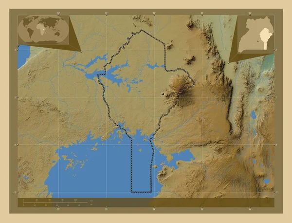 Východní Oblast Ugandy Barevná Mapa Jezery Řekami Pomocné Mapy Polohy — Stock fotografie