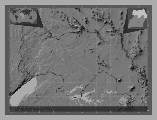 Noord Oeganda Hoogteplattegrond Met Meren Rivieren Hulplocatiekaarten Hoek — Stockfoto