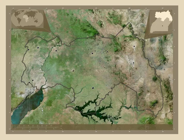 乌干达北部 高分辨率卫星地图 该区域主要城市的所在地点 角辅助位置图 — 图库照片