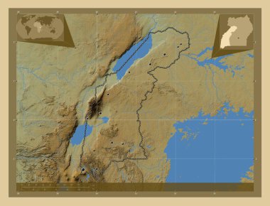 Batı, Uganda bölgesi. Gölleri ve nehirleri olan renkli yükseklik haritası. Bölgenin büyük şehirlerinin yerleri. Köşedeki yedek konum haritaları