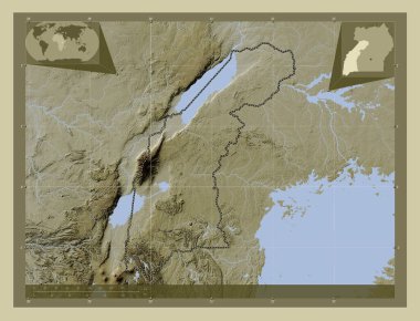 Batı, Uganda bölgesi. Yükseklik haritası göller ve nehirlerle wiki tarzında renklendirilmiş. Köşedeki yedek konum haritaları