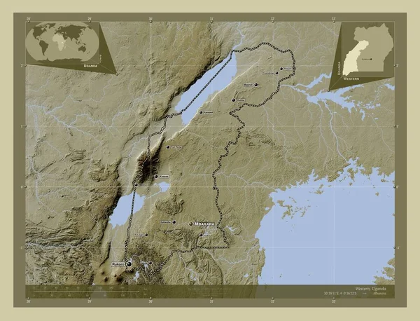Западная Область Уганды Карта Высоты Окрашенная Вики Стиле Озерами Реками — стоковое фото