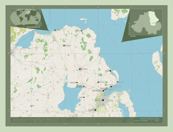 Antrim Περιφέρεια Βόρειας Ιρλανδίας Χάρτης Του Δρόμου Τοποθεσίες Και Ονόματα — Φωτογραφία Αρχείου