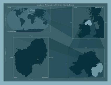 Aşağı, Kuzey İrlanda bölgesi. Büyük ölçekli haritalarda bölgenin yerini gösteren diyagram. Katı bir arkaplan üzerinde vektör çerçevelerinin ve PNG şekillerinin bileşimi