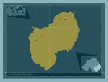 Aşağı, Kuzey İrlanda bölgesi. Katı renk şekli. Bölgenin büyük şehirlerinin yerleri. Köşedeki yedek konum haritaları