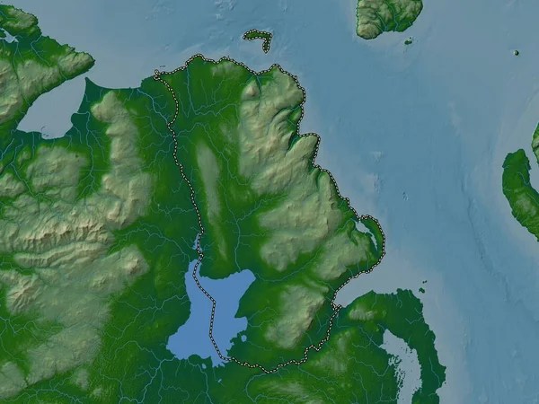 Antrim Περιφέρεια Βόρειας Ιρλανδίας Χρωματιστός Υψομετρικός Χάρτης Λίμνες Και Ποτάμια — Φωτογραφία Αρχείου