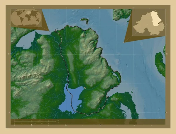 Антрим Регион Северной Ирландии Цветная Карта Высоты Озерами Реками Вспомогательные — стоковое фото