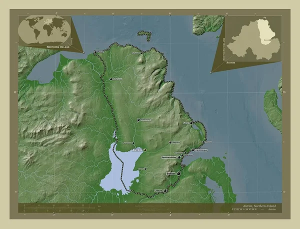 Antrim 北爱尔兰地区 用Wiki风格绘制的带有湖泊和河流的高程地图 该区域主要城市的地点和名称 角辅助位置图 — 图库照片