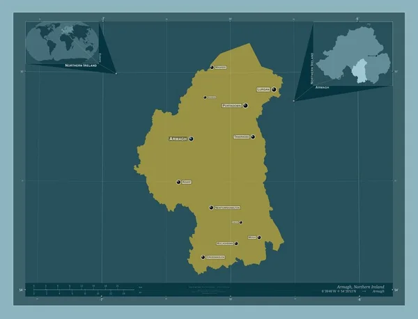 北アイルランドのアーマー地方 しっかりした色の形 地域の主要都市の位置と名前 コーナー補助位置図 — ストック写真