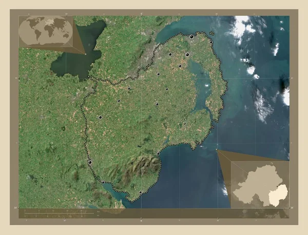 北爱尔兰地区 高分辨率卫星地图 该区域主要城市的所在地点 角辅助位置图 — 图库照片