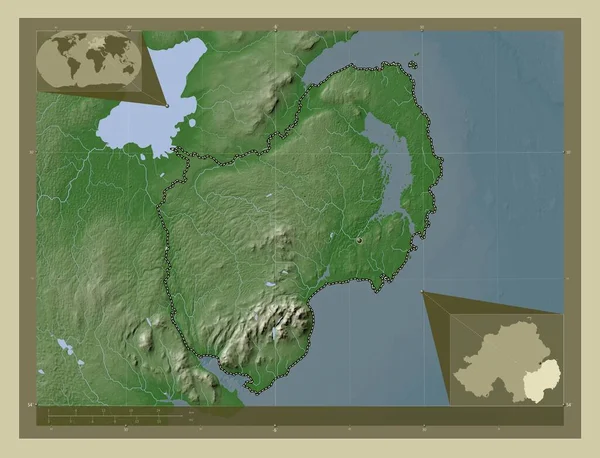 Ner Regionen Nordirland Höjd Karta Färgad Wiki Stil Med Sjöar — Stockfoto